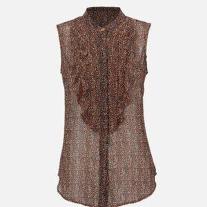 NEW! Cabi Brown Floral Tuxedo Tux Ruffle Top Sleeveless Blouse Sz Large L